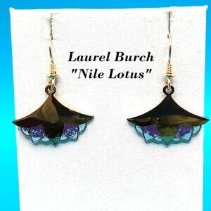 Laurel Burch "Nile Lotus" Drop Earrings, Gold Plated, Enamel Light Blue Purple